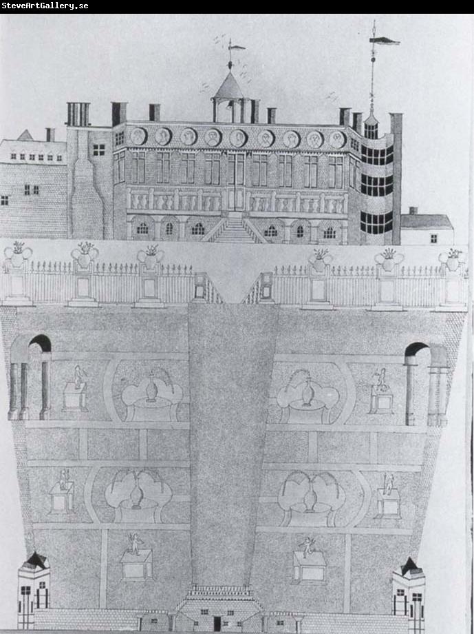 unknow artist Aerial view ot the garden and east front of Hadham Hall